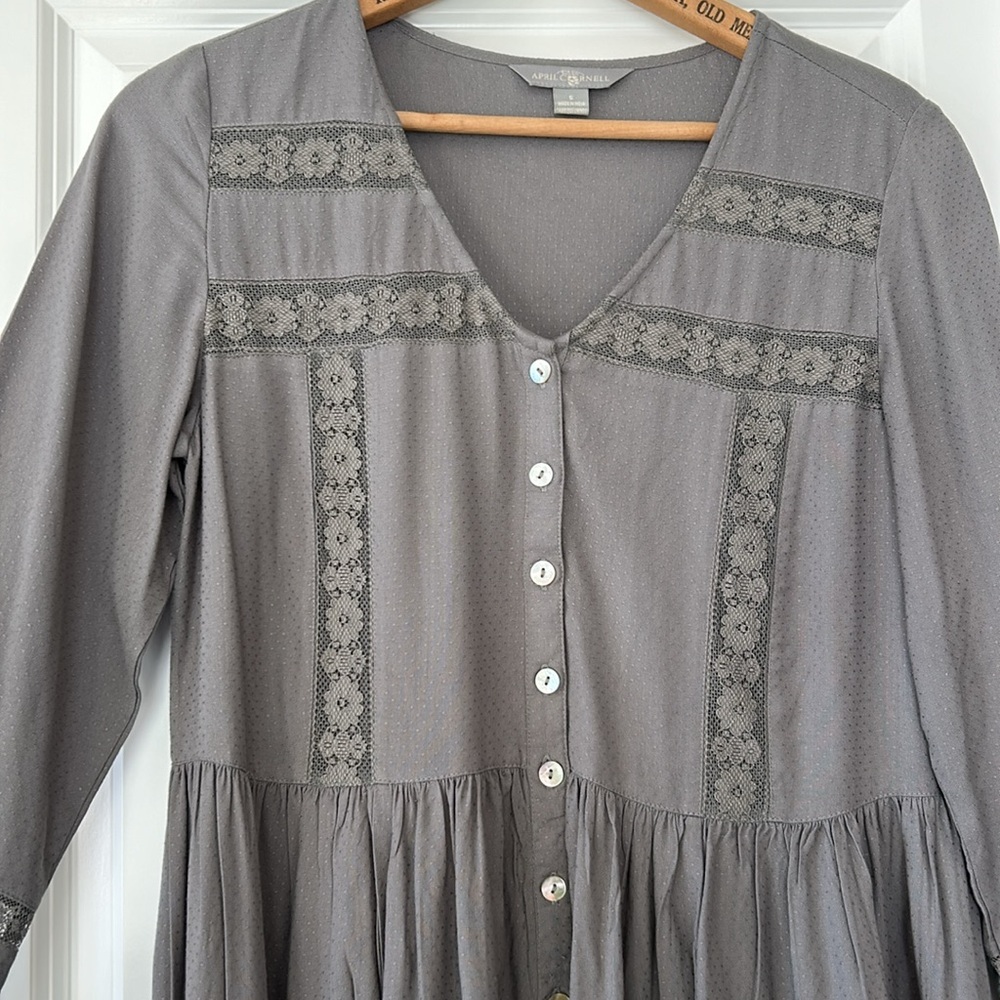April Cornell Brianne Cottagecore Grey Swiss Dot Dress w Lace Insets Oversized S
